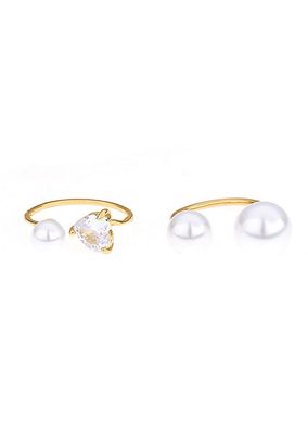 Multi-Pearl & Crystal Adjustable 18K Gold-Plated Ring Set