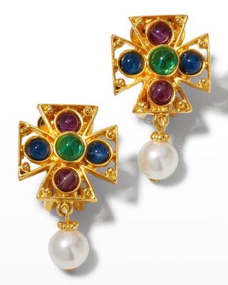 Multi-Stone Pearly Drop Gold Clip-On Earrings