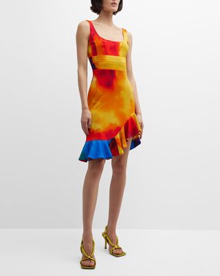 Multicolor Dyed Asymmetric Flounce Dress