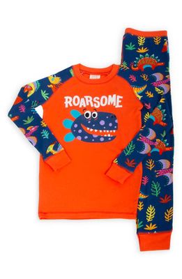 Munki Munki Kids' Dino Jungle Fitted Two-Piece Pajamas in Orange