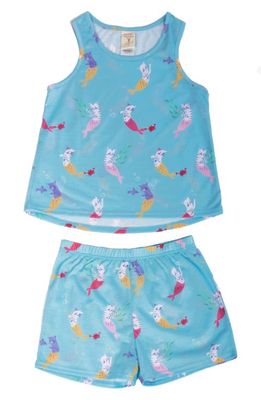 Munki Munki Kids' Mer-Cat Print Two Piece Short Pajamas in Blue/Green