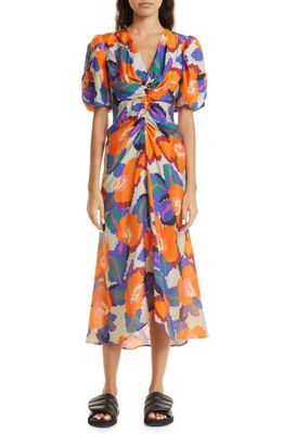 MUNTHE Gowny Ruched Puff Sleeve Dress in Orange