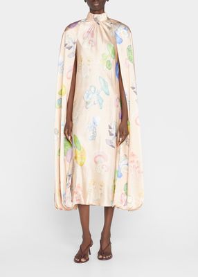 Mushroom-Print Silk Cape Midi Dress