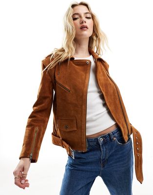 Muubaa classic leather suede biker jacket in tan-Brown