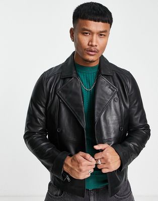 Muubaa cropped boxy fit leather jacket-Black