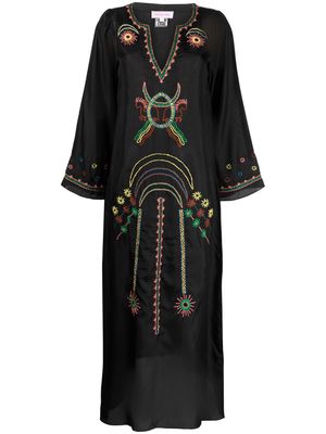 MUZUNGU SISTERS embroidered split-neck silk dress - Black