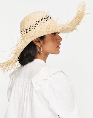 My Accessories London adjustable oversized straw sun hat with frayed edge-Neutral