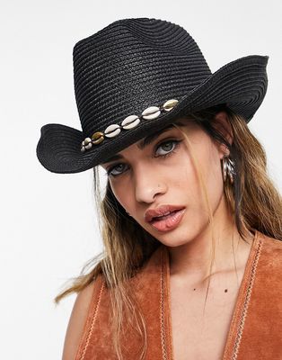 My Accessories London adjustable straw cowboy hat in black with shell trim