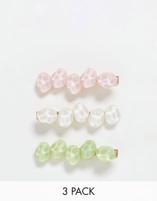 My Accessories London beaded hair clip 3 pack in muted pastel mix-Multi