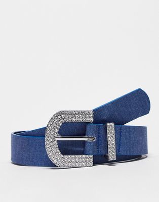 My Accessories London belt in denim with oversized crystal buckle-Blue
