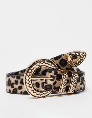 My Accessories London belt with gold vintage hardware buckle in animal print-Black