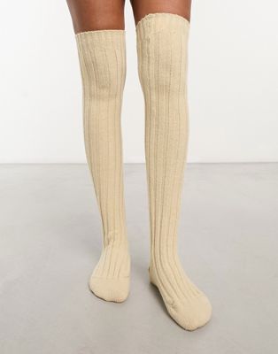 My Accessories London cable knit long socks in cream-White