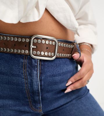 My Accessories London Curve belt in brown with square silver buckle and studding