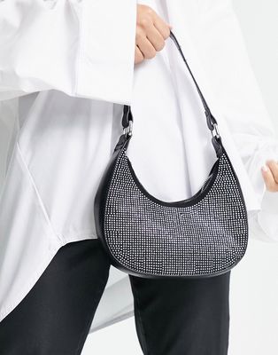 My Accessories London curved shoulder bag in black with silver crystal embellishment