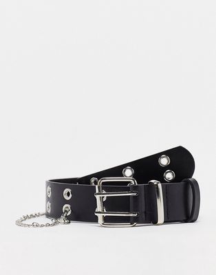 My Accessories London double row eyelet belt in black with chain