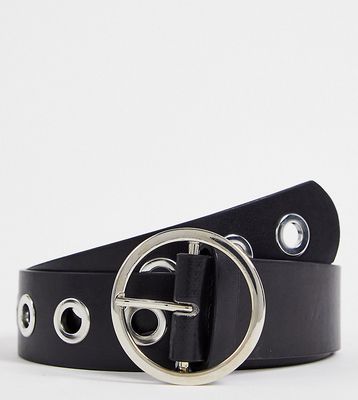 My Accessories London Exclusive waist and hip jeans round buckle belt in black with silver eyelets