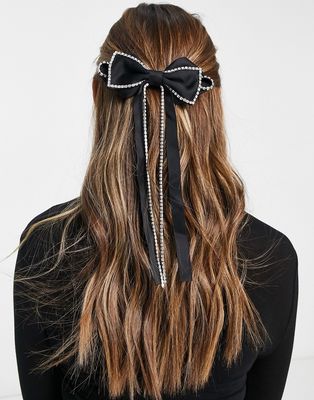 My Accessories London long bow hair clip in black with crystals