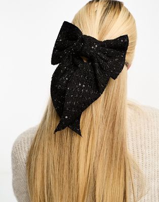 My Accessories London woven sequin bow hair clip in black