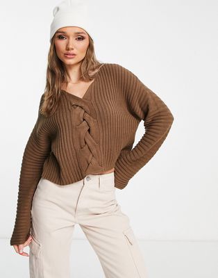 NA-KD braided knitted sweater in brown