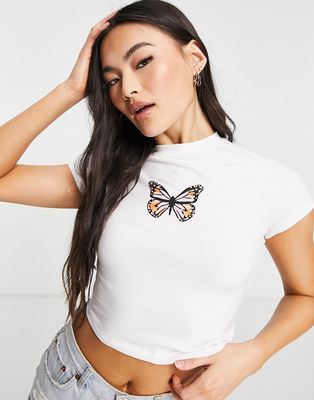 NA-KD butterfly print cropped top in white