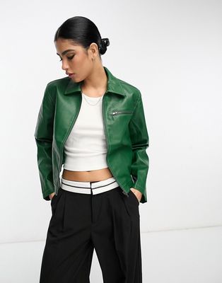 NA-KD contrast stitch faux leather jacket in green