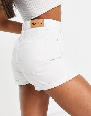 NA-KD cotton mom turn up denim shorts in white - WHITE
