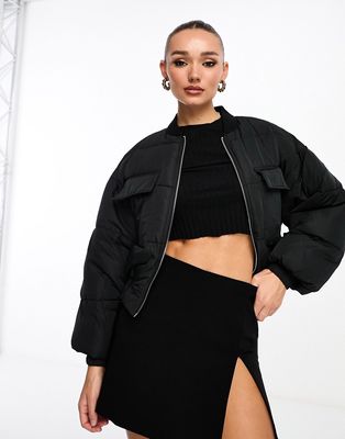 NA-KD cropped puffer bomber jacket in black