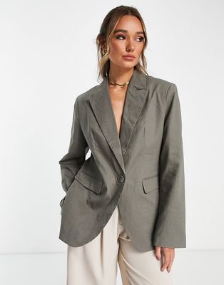 NA-KD dad oversized linen blazer in khaki - part of a set-Neutral