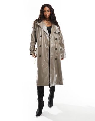 NA-KD faux leather shiny belted trench coat in taupe-Neutral