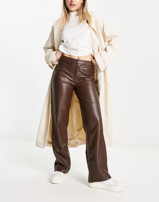 NA-KD faux leather straight leg pants in brown