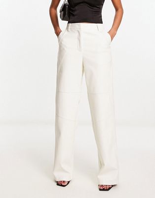 NA-KD faux leather straight leg pants in off white-Brown