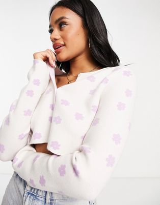 NA-KD floral print knitted cardigan in off white