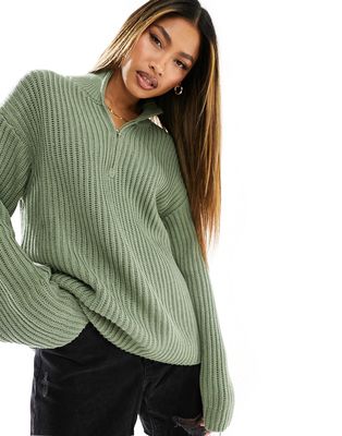 NA-KD half zip sweater in khaki-Green