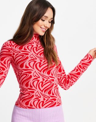 NA-KD heart print knit polo neck top in red