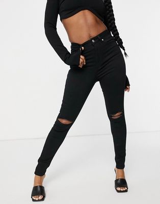 NA-KD high waist skinny ripped jeans in black - BLACK
