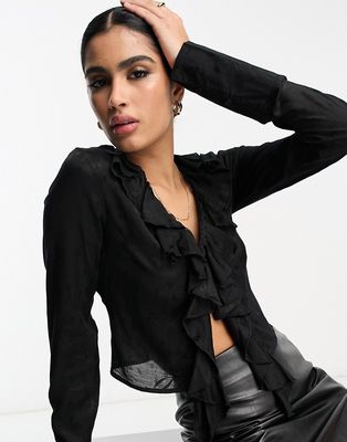 NA-KD lace detail tie front top in black