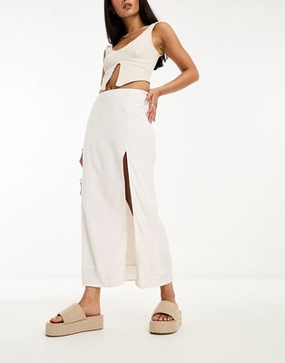 NA-KD linen mix side slit midi skirt in white
