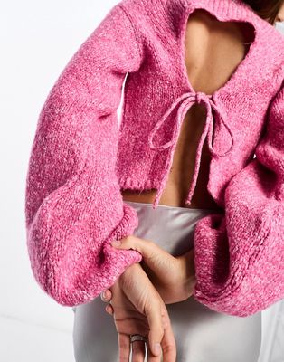 NA-KD open back balloon sleeve sweater in pink