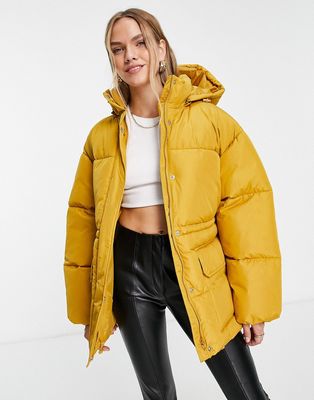 NA-KD oversized padded jacket with hood in mustard-Yellow
