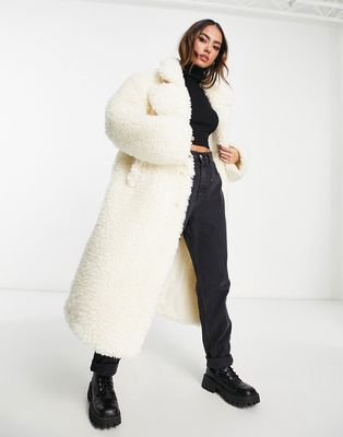 NA-KD oversized teddy faux fur coat in cream-White
