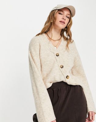 NA-KD polyester asymmetric knitted cardigan in beige melange - BEIGE-Neutral