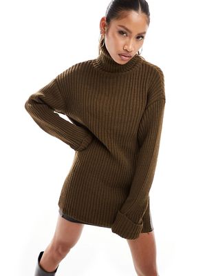 NA-KD ribbed high neck sweater in brown