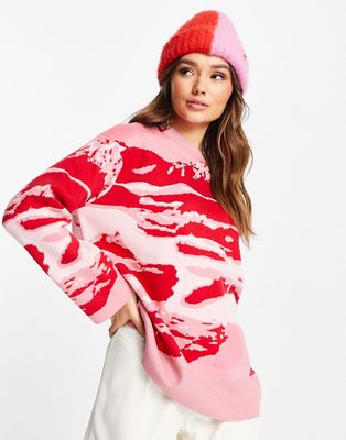 NA-KD round neck knitted sweater in red print