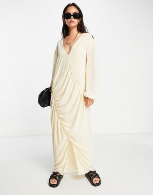 NA-KD ruched front maxi dress in light sand-Neutral