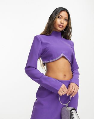 NA-KD X Janka Pollani rhinestone hem shoulder pad crop top in purple - part of a set