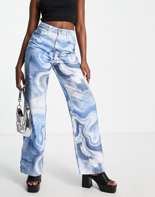 NA-KD X Josefine Simone Dahl wide leg jeans in swirl print-Multi