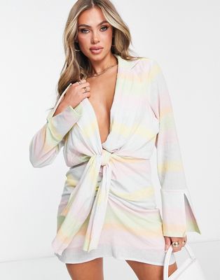 NA-KD X Lovisa Wallin knot front mini shirt dress in rainbow stripe-Multi