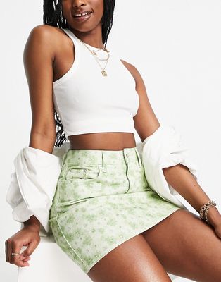 NA-KD X Misslisibell denim mini skirt in green floral print