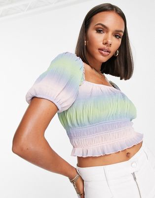 NA-KD X Misslisibell puff sleeve cropped top in ombre print-Multi