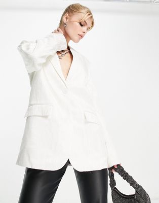 NA-KD x Moa Mattson oversized tailored blazer in textured shine - part of a set-White